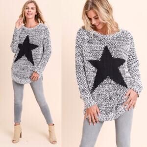 Doe & Rae Chenille Oversize Tunic Star Black/White Pullover Sweater Women Sz M